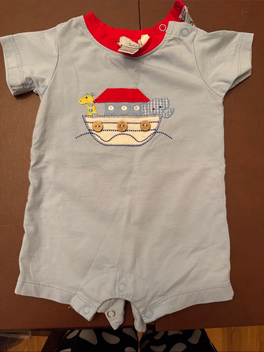 Baby Light Blue One-Piece Romper with Red Trim and Nautical Applique